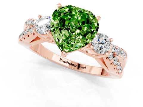 Rose gold Heart Cut Peridot Three-Stone Ring with Pavé Split Shank and Four-Prong Setting_1