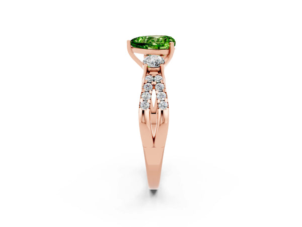 Rose gold Heart Cut Peridot Three-Stone Ring with Pavé Split Shank and Four-Prong Setting