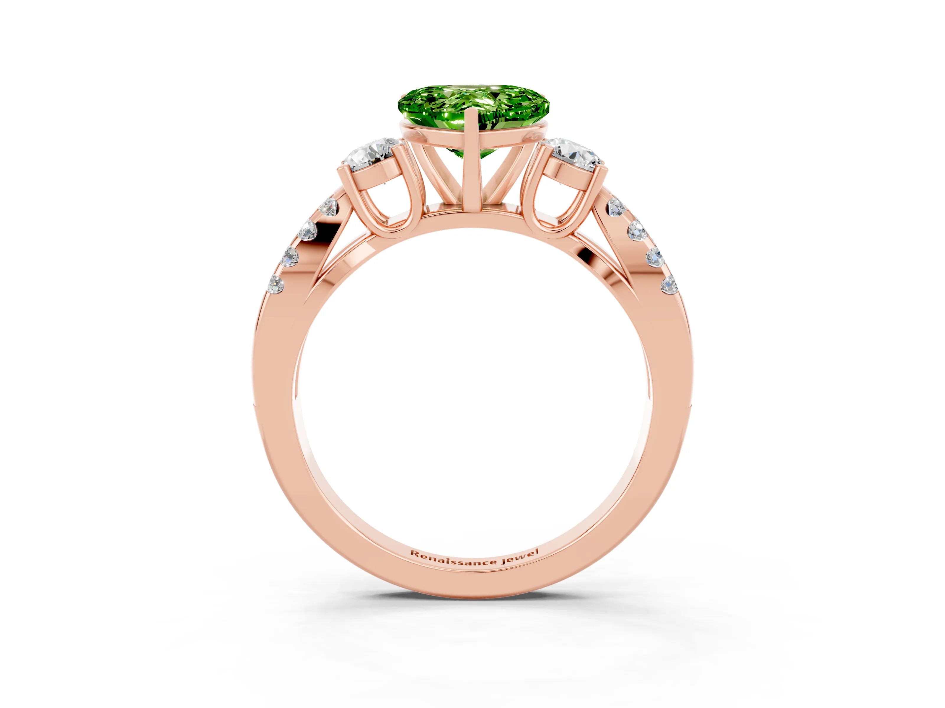 Rose gold Heart Cut Peridot Three-Stone Ring with Pavé Split Shank and Four-Prong Setting_3
