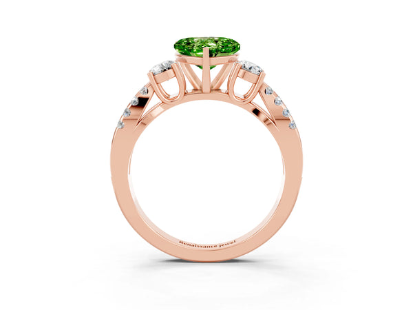 Rose gold Heart Cut Peridot Three-Stone Ring with Pavé Split Shank and Four-Prong Setting