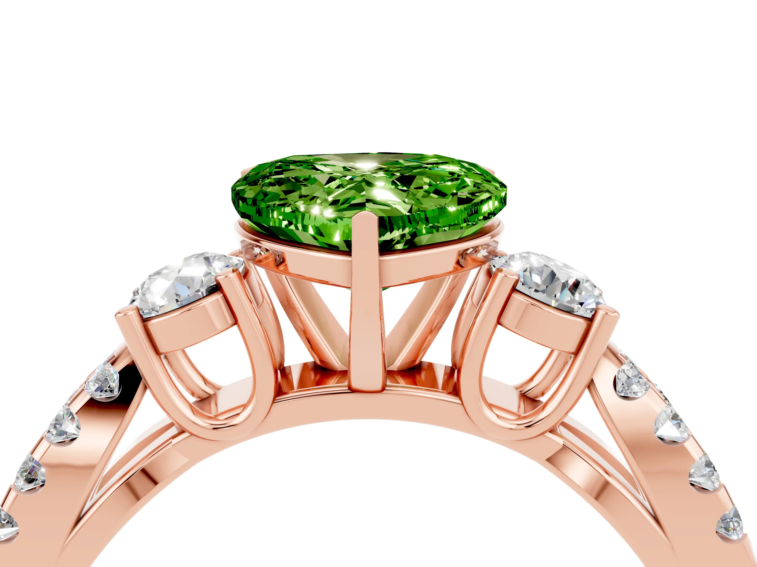 Rose gold Heart Cut Peridot Three-Stone Ring with Pavé Split Shank and Four-Prong Setting_4