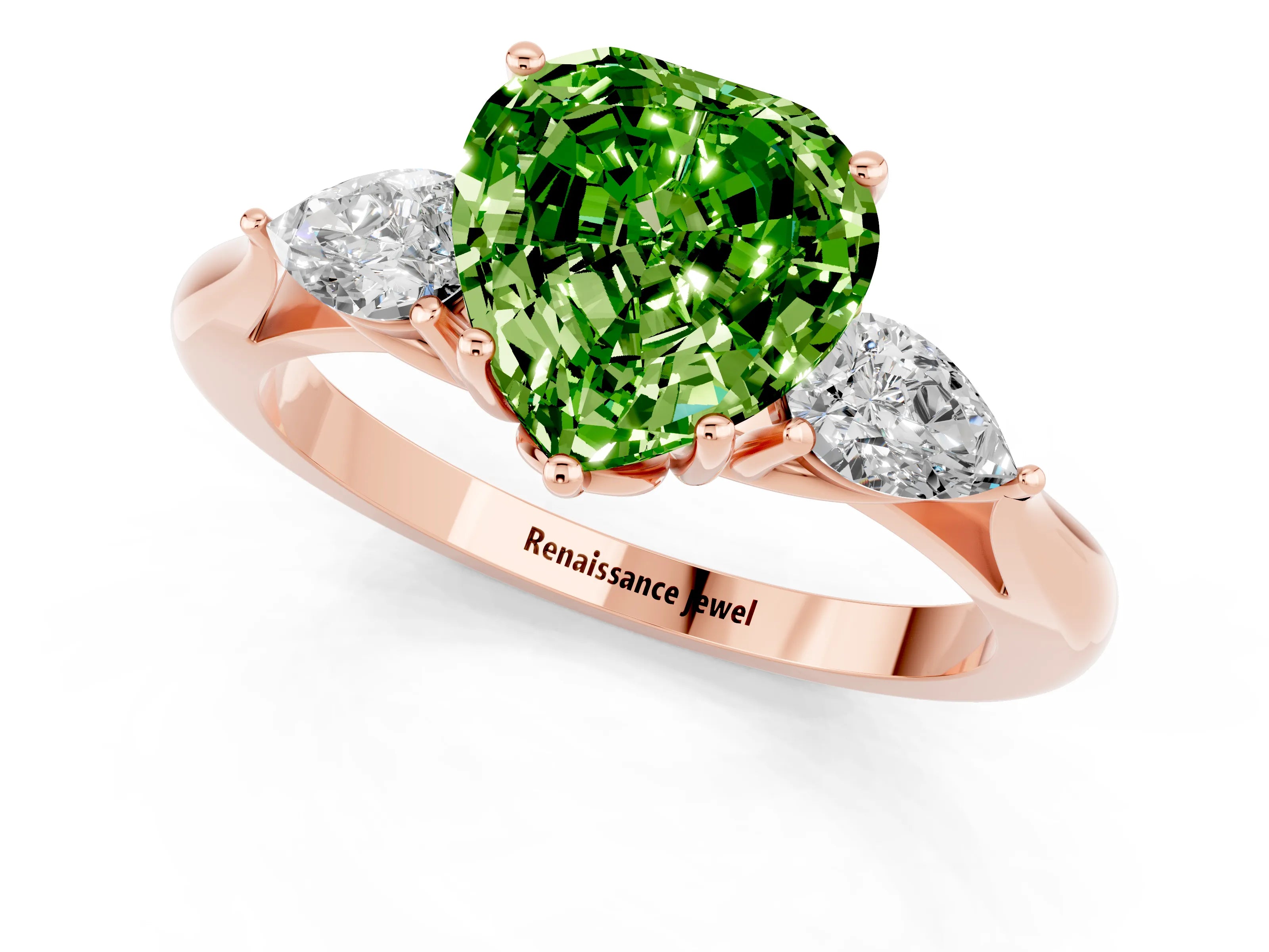 Rose gold Heart Cut Peridot Three-Stone Ring with Pear Side Stones and Four-Prong Setting_13