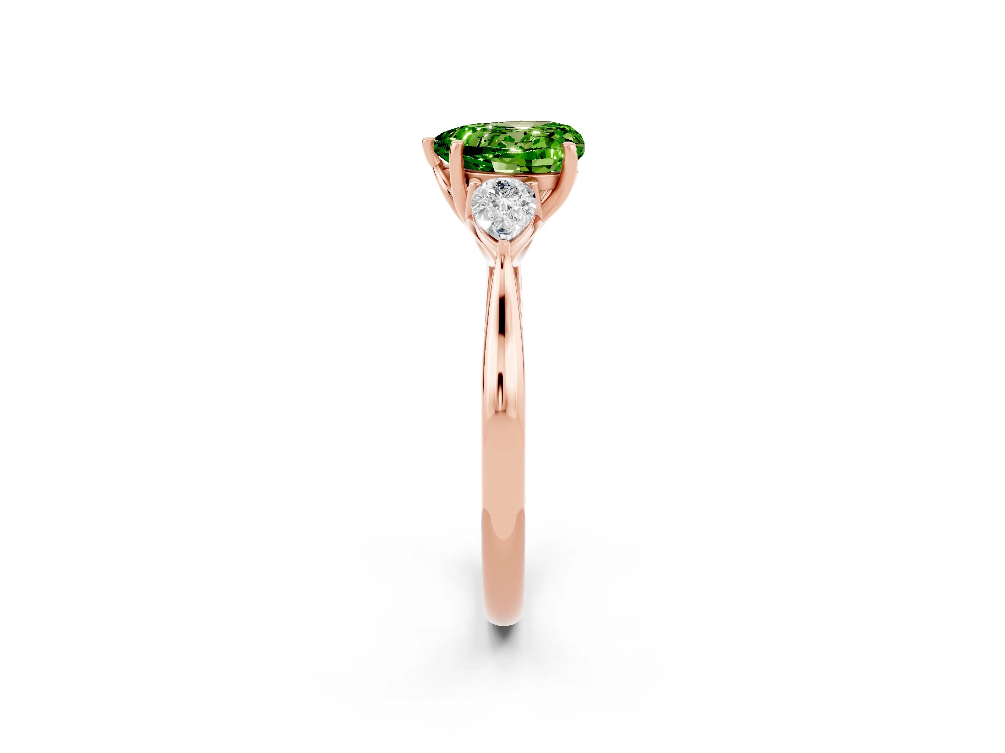 Rose gold Heart Cut Peridot Three-Stone Ring with Pear Side Stones and Four-Prong Setting_14