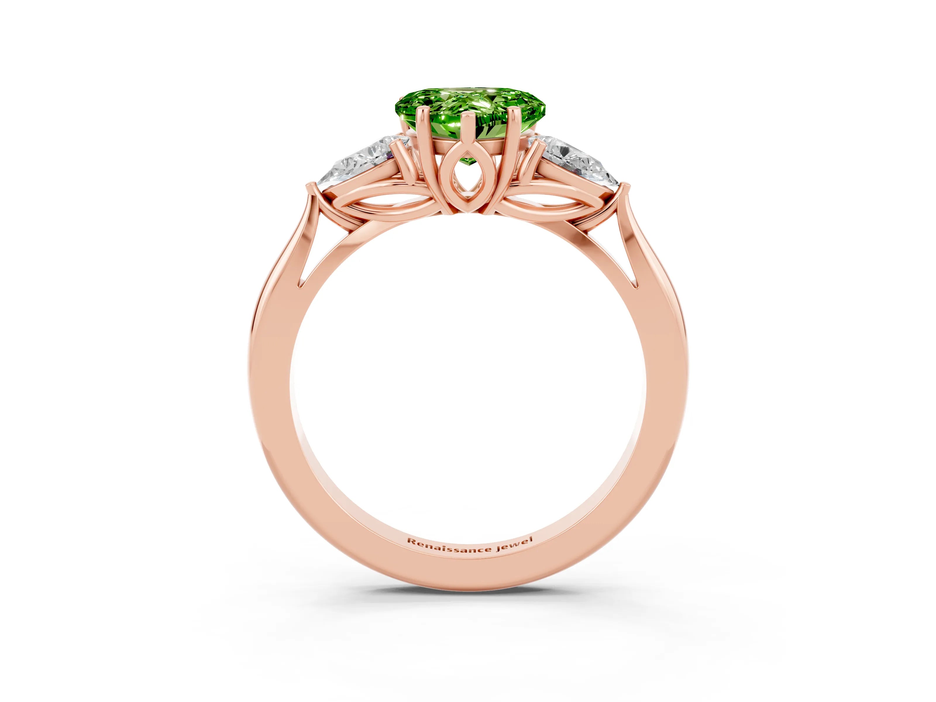 Rose gold Heart Cut Peridot Three-Stone Ring with Pear Side Stones and Four-Prong Setting_15