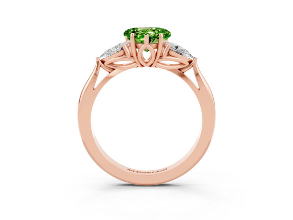 Rose gold Heart Cut Peridot Three-Stone Ring with Pear  Side Stones and Prong Setting