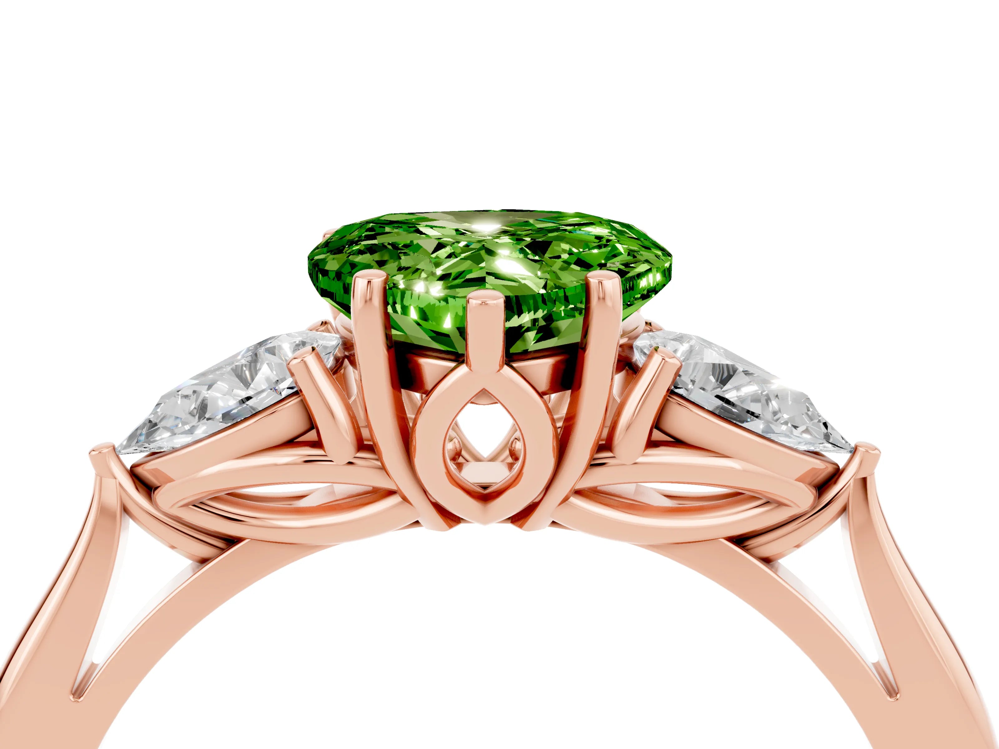 Rose gold Heart Cut Peridot Three-Stone Ring with Pear Side Stones and Four-Prong Setting_16