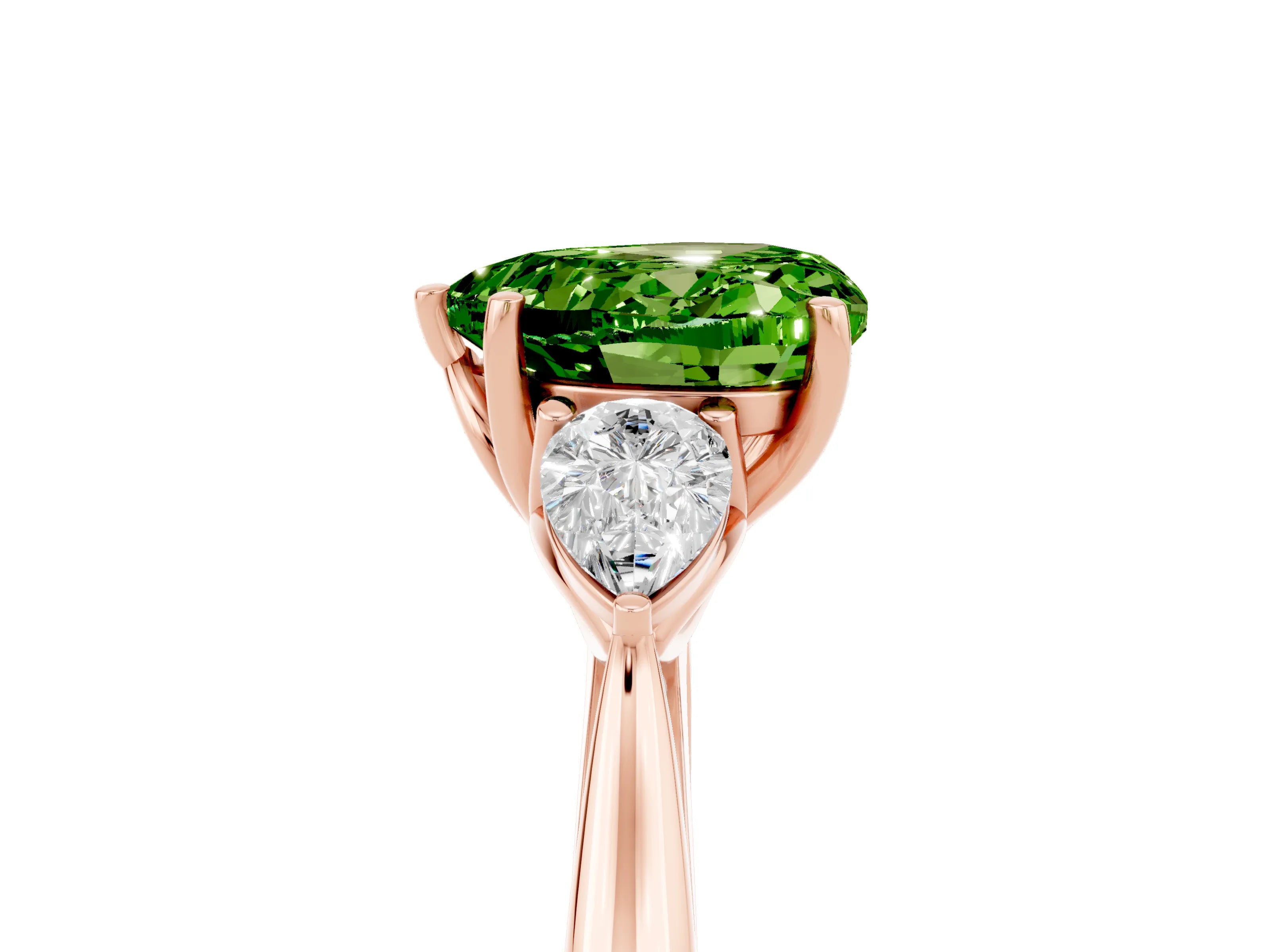 Rose gold Heart Cut Peridot Three-Stone Ring with Pear Side Stones and Four-Prong Setting_17
