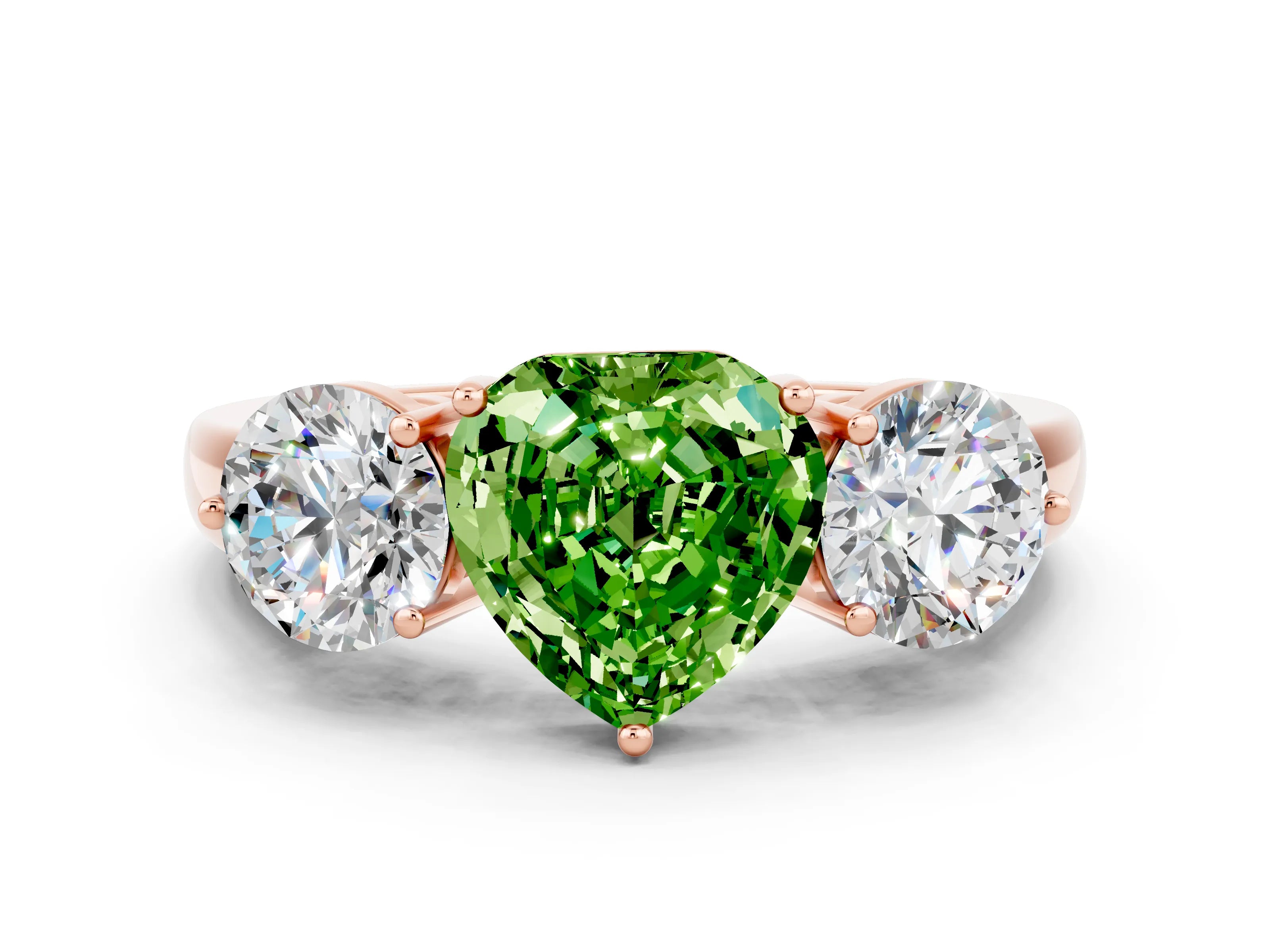 Rose gold Heart Cut Peridot Three-Stone Ring with Prong Setting and Classic Band