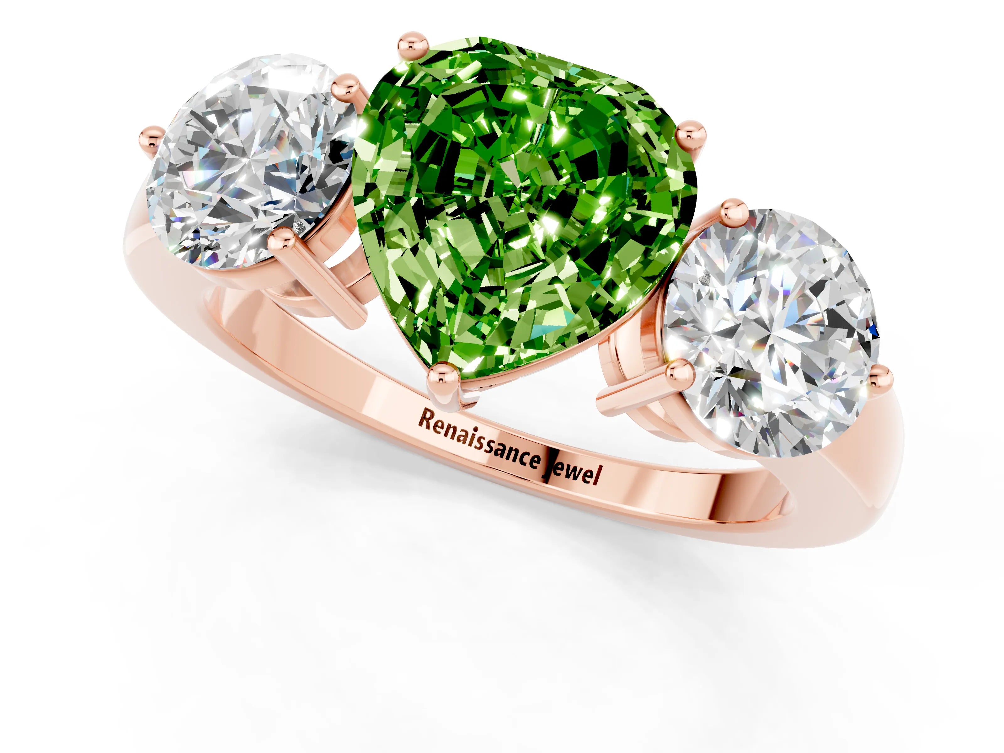 Rose gold Heart Cut Peridot Three-Stone Ring with Prong Setting and Classic Band_1