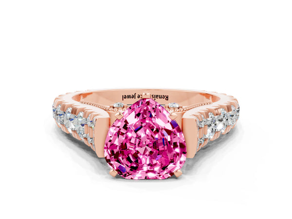 Rose gold Heart Cut Pink Sapphire Classic Solitaire Ring with Pavé Band and Four-Prong Setting