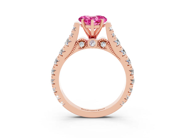 Rose gold Heart Cut Pink Sapphire Classic Solitaire Ring with Pavé Band and Four-Prong Setting