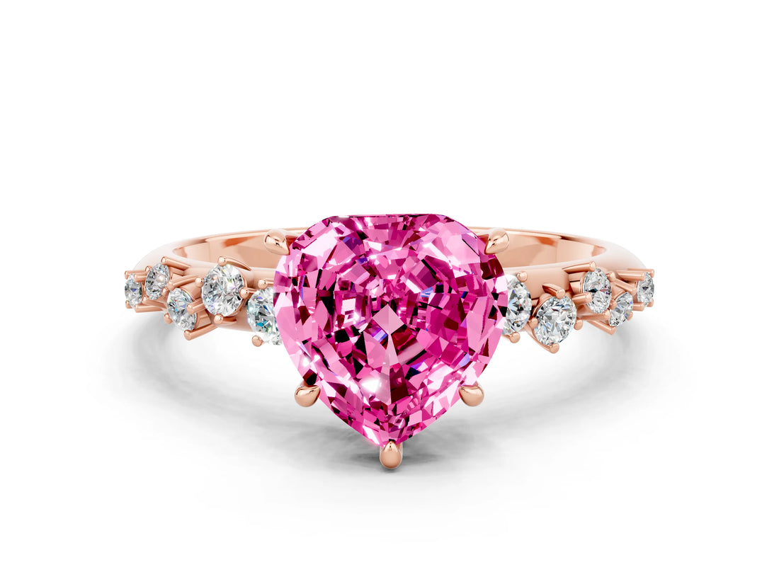 Rose gold Heart Cut Pink Sapphire Cluster Side Stone Solitaire Ring with Prong Setting_48