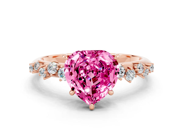 Rose gold Heart Cut Pink Sapphire Cluster Side Stone Solitaire Ring with Prong Setting