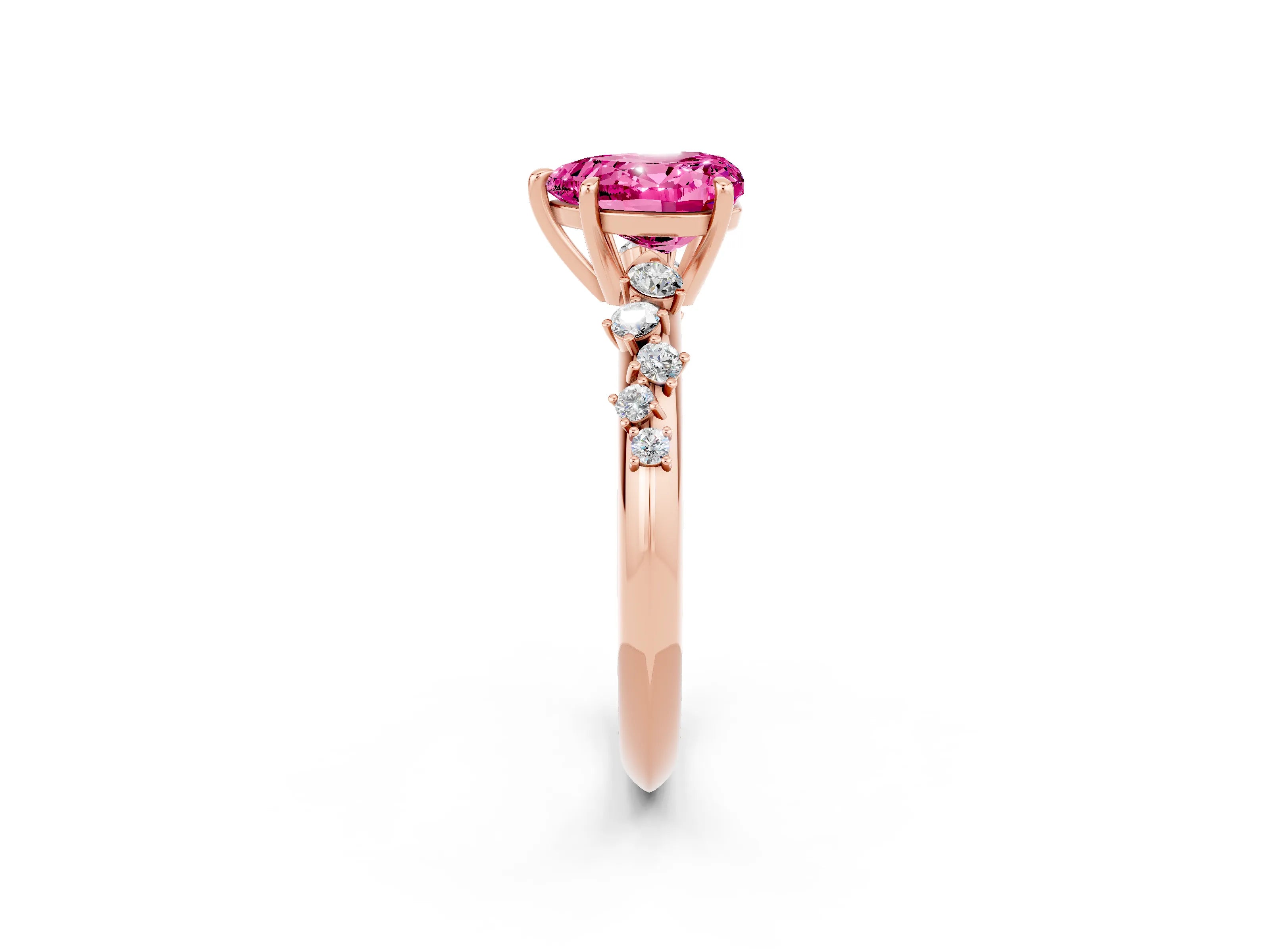 Rose gold Heart Cut Pink Sapphire Cluster Side Stone Solitaire Ring with Prong Setting_50