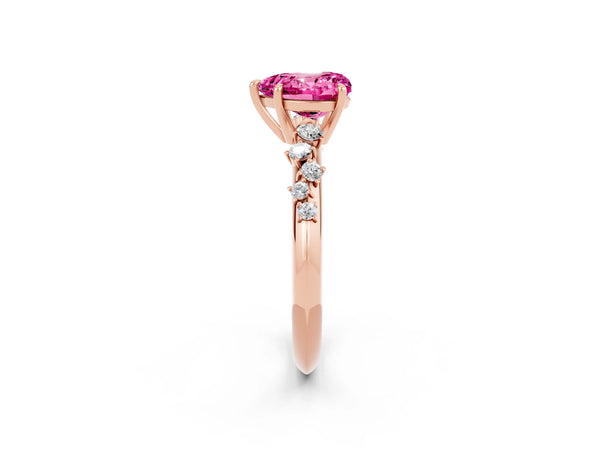 Rose gold Heart Cut Pink Sapphire Cluster Side Stone Solitaire Ring with Prong Setting