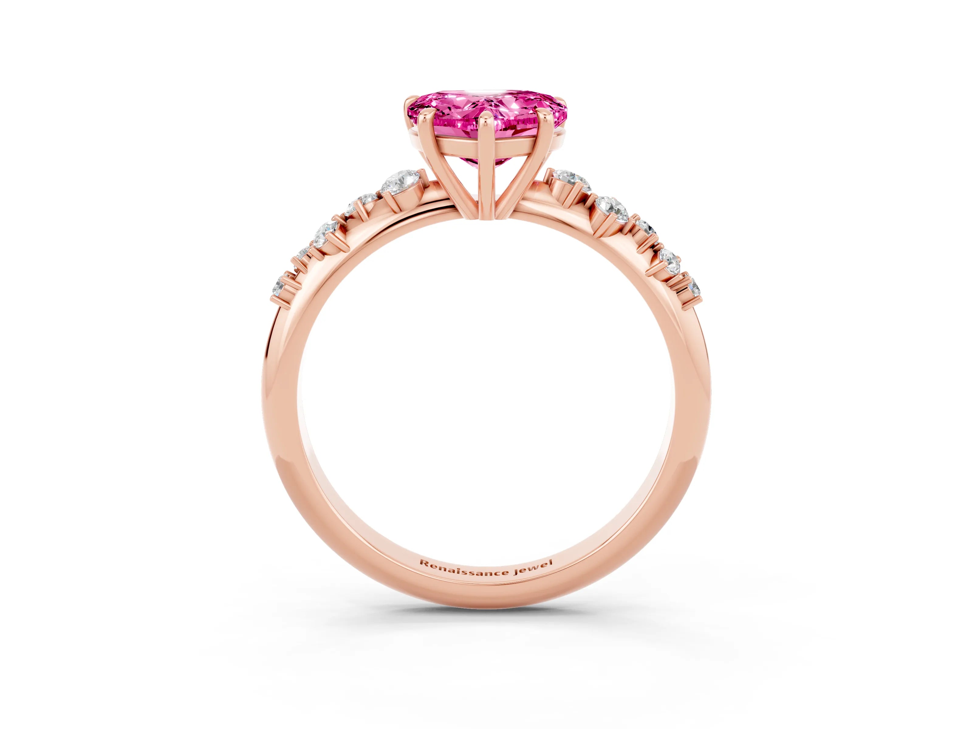 Rose gold Heart Cut Pink Sapphire Cluster Side Stone Solitaire Ring with Prong Setting_51