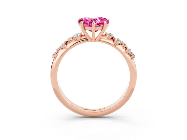 Rose gold Heart Cut Pink Sapphire Cluster Side Stone Solitaire Ring with Prong Setting