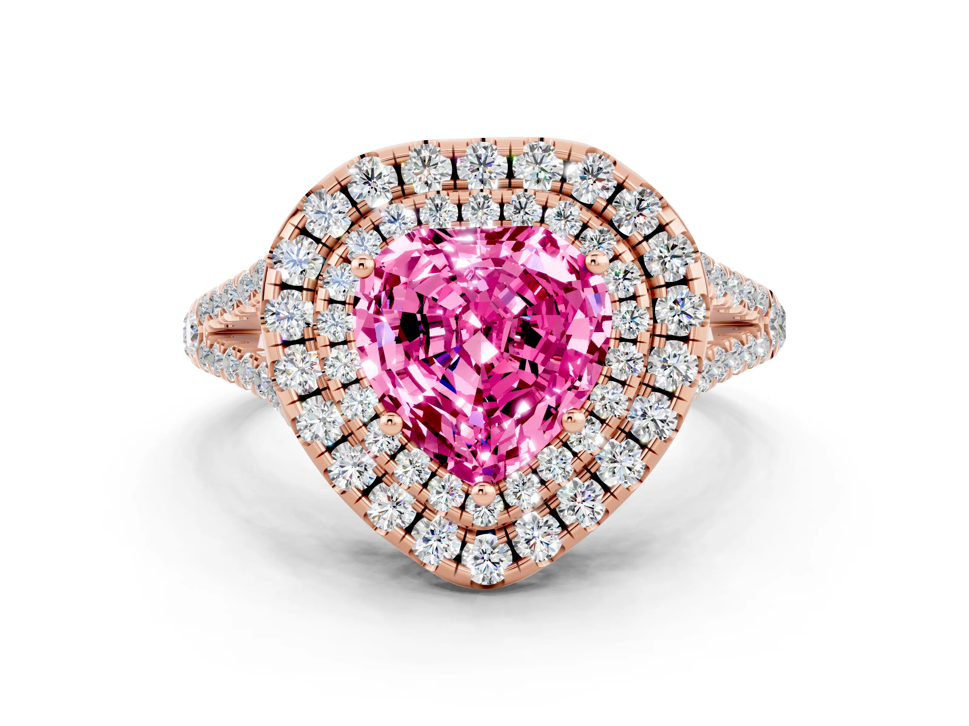 Rose gold Heart Cut Pink Sapphire Double Halo Ring with Pavé Band and Prong Setting_12