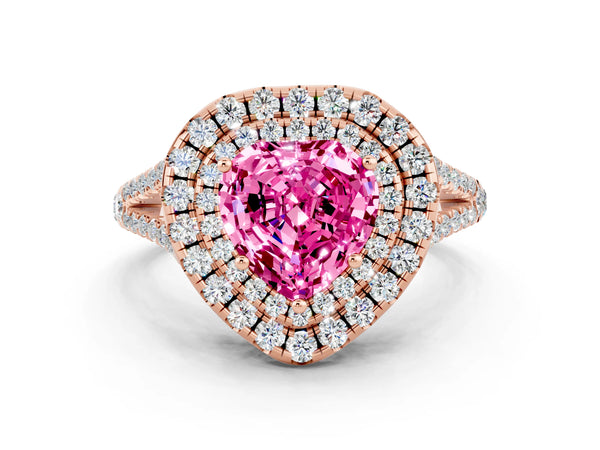 Rose gold Heart Cut Pink Sapphire Double Halo Ring with Pavé Band and Prong Setting