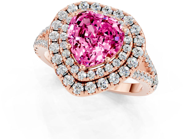 Rose gold Heart Cut Pink Sapphire Double Halo Ring with Pavé Band and Prong Setting