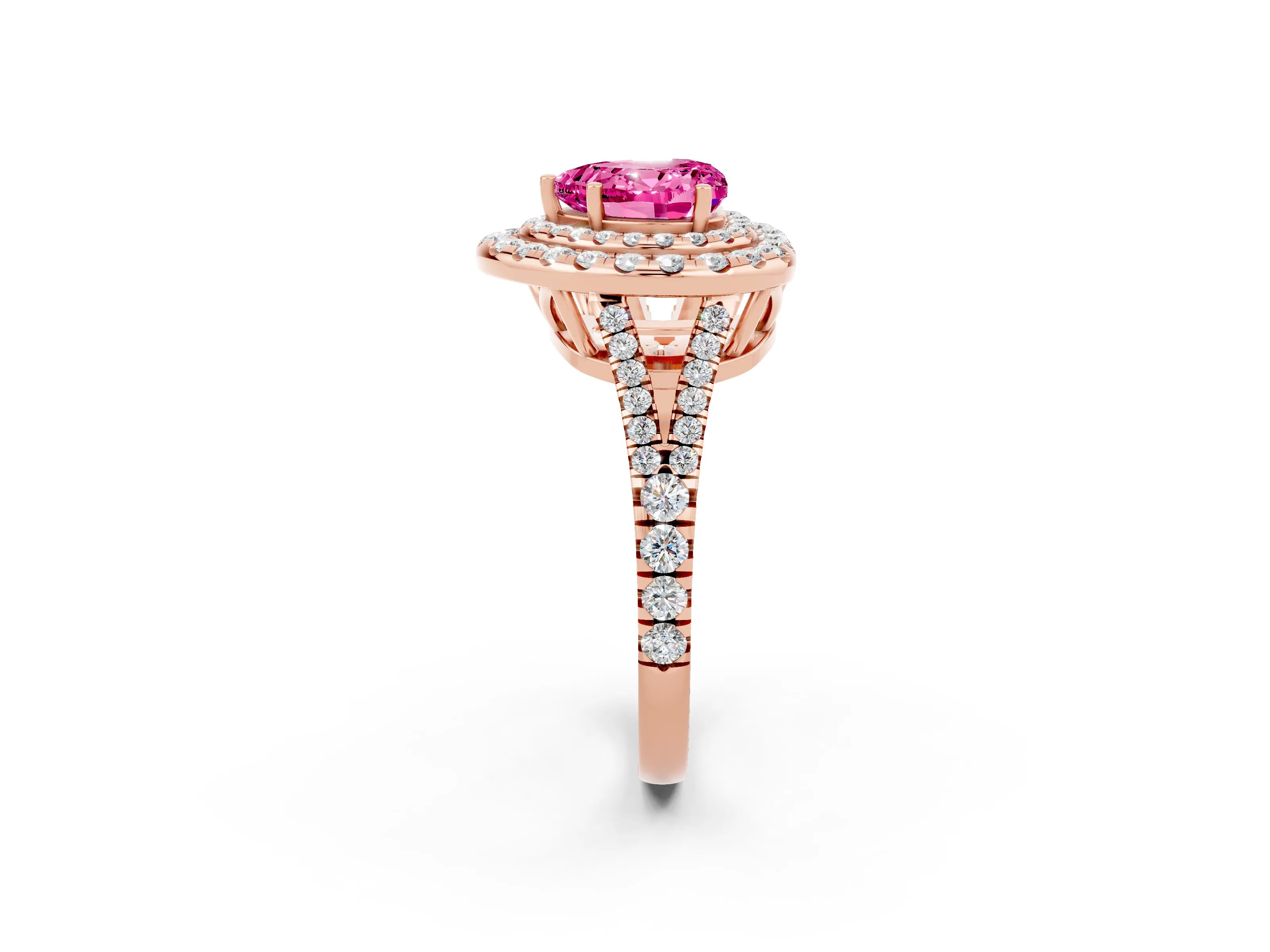 Rose gold Heart Cut Pink Sapphire Double Halo Ring with Pavé Band and Prong Setting_14