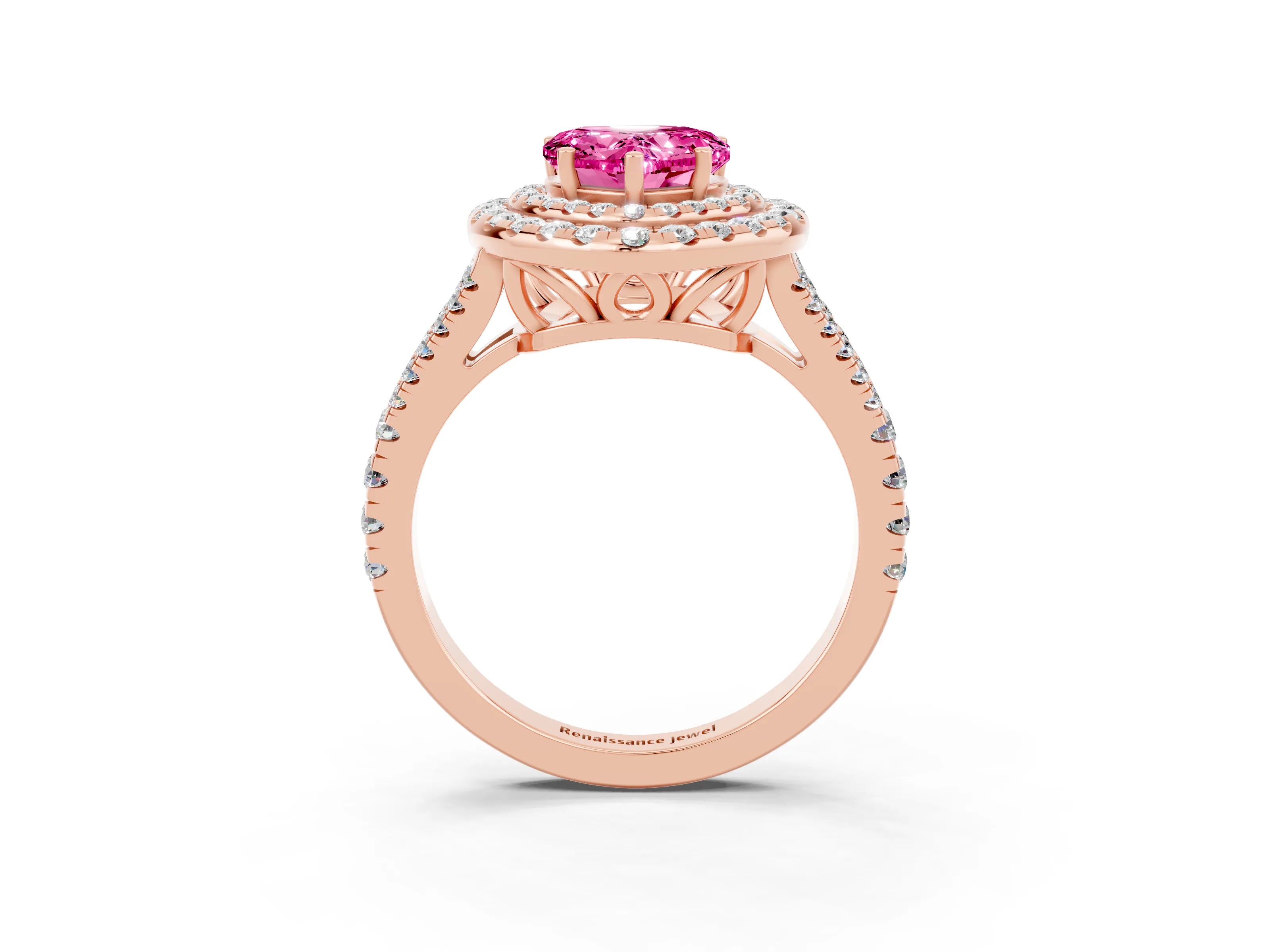 Rose gold Heart Cut Pink Sapphire Double Halo Ring with Pavé Band and Prong Setting_15