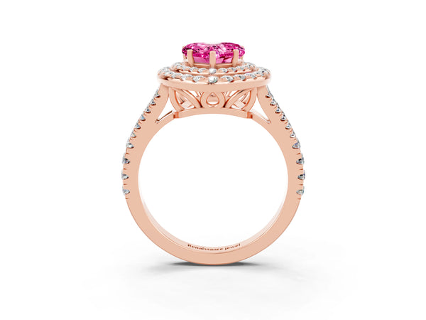 Rose gold Heart Cut Pink Sapphire Double Halo Ring with Pavé Band and Prong Setting