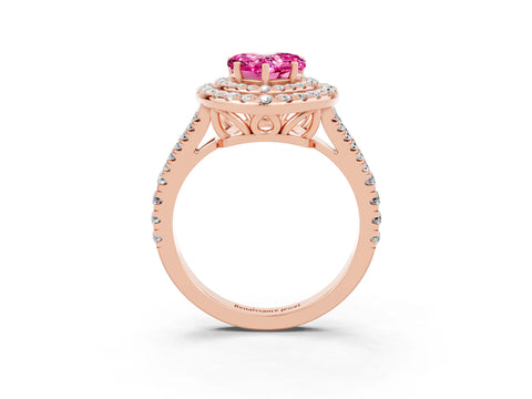 Rose gold Heart Cut Pink Sapphire Double Halo Ring with Pavé Band and Prong Setting_15