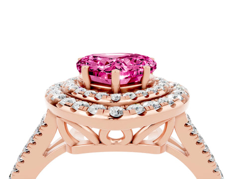 Rose gold Heart Cut Pink Sapphire Double Halo Ring with Pavé Band and Prong Setting_16