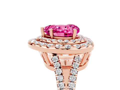 Rose gold Heart Cut Pink Sapphire Double Halo Ring with Pavé Band and Prong Setting_17