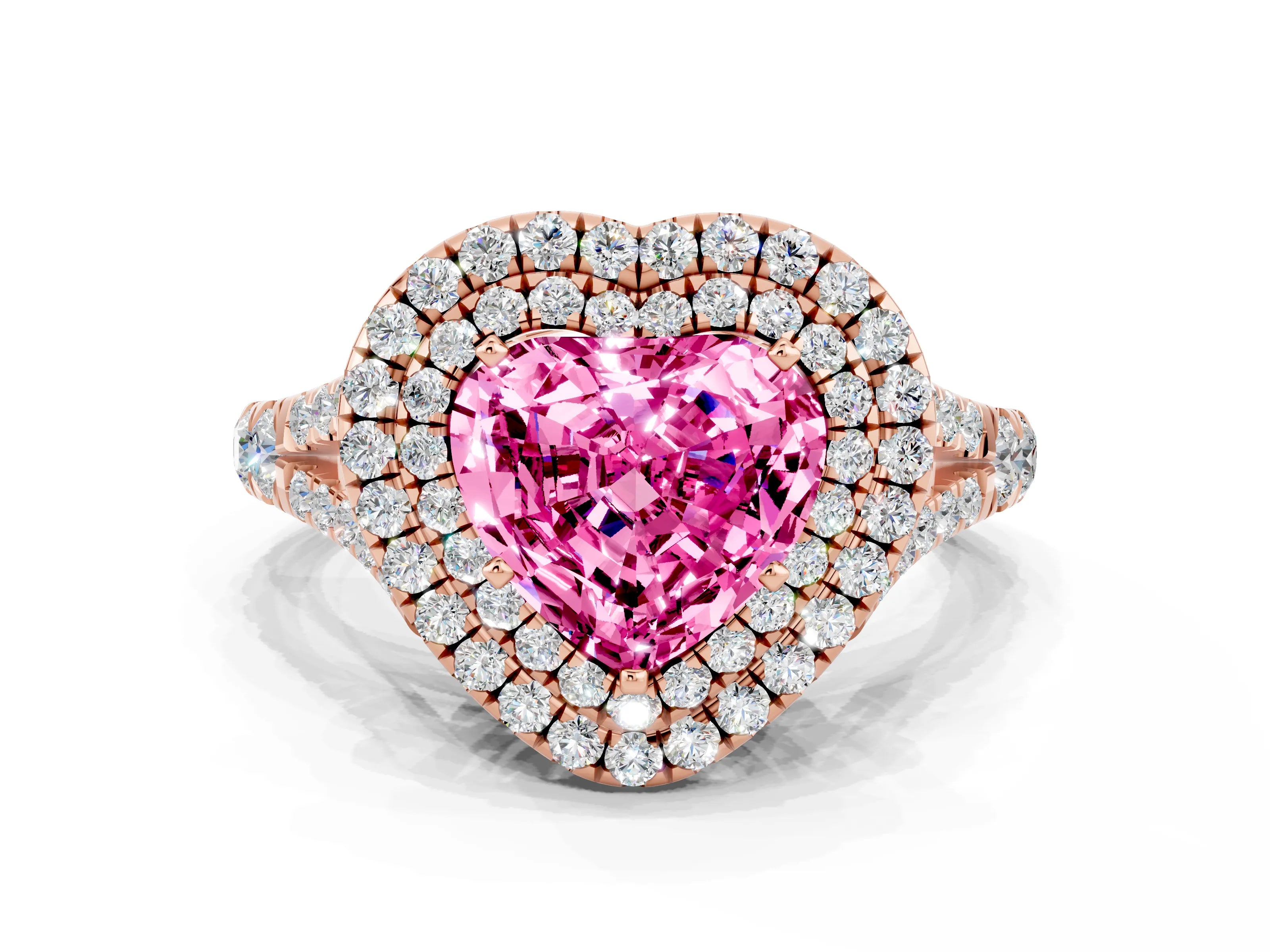 Rose gold Heart Cut Pink Sapphire Double Halo Ring with Split Shank and Prong Setting_12