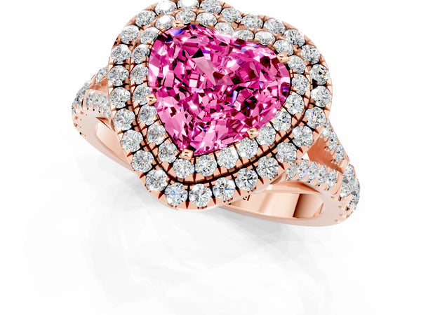 Rose gold Heart Cut Pink Sapphire Double Halo Ring with Split Shank and Prong Setting