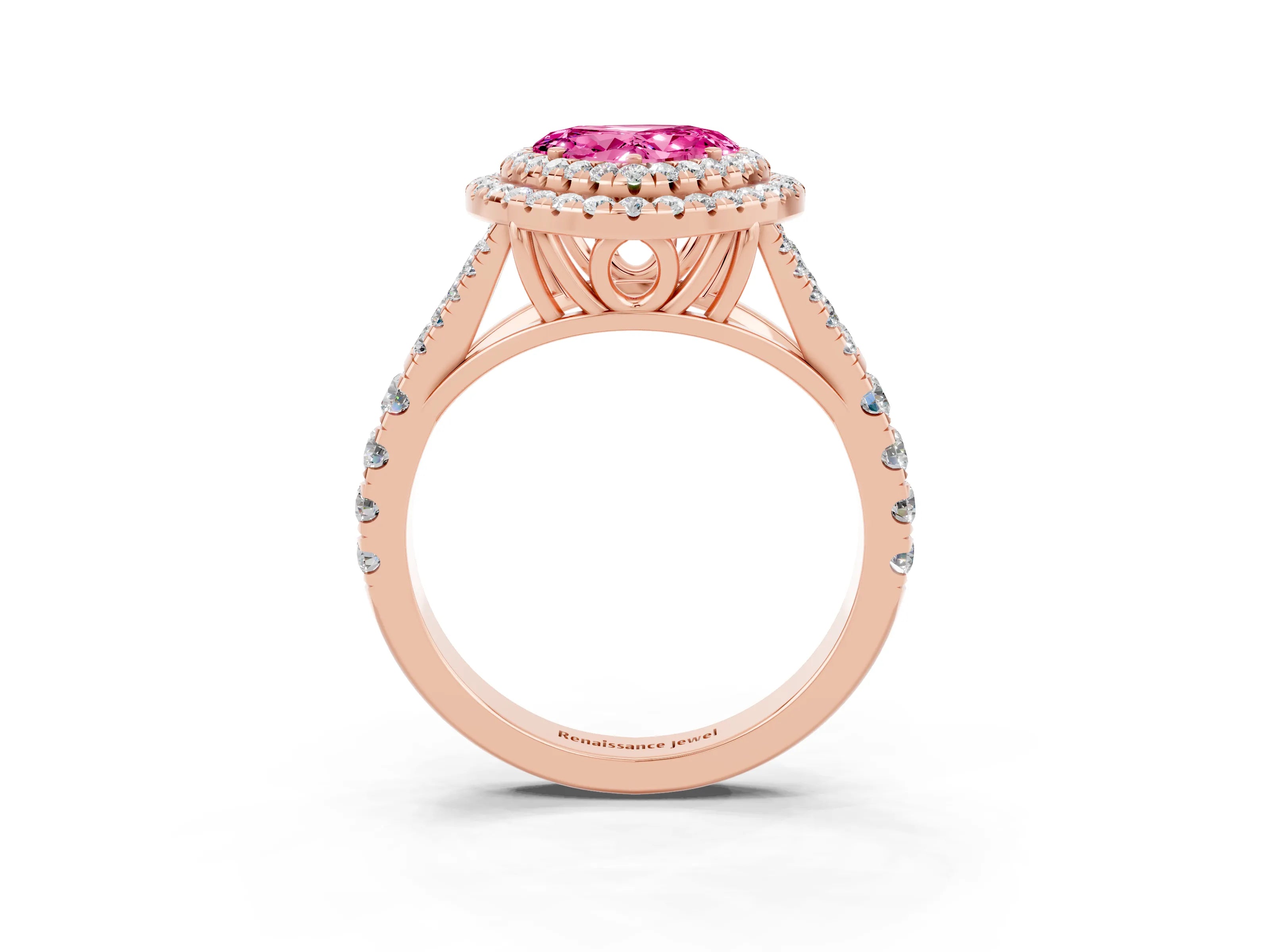 Rose gold Heart Cut Pink Sapphire Double Halo Ring with Split Shank and Prong Setting_15