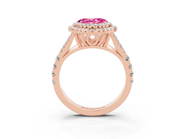 Rose gold Heart Cut Pink Sapphire Double Halo Ring with Split Shank and Prong Setting