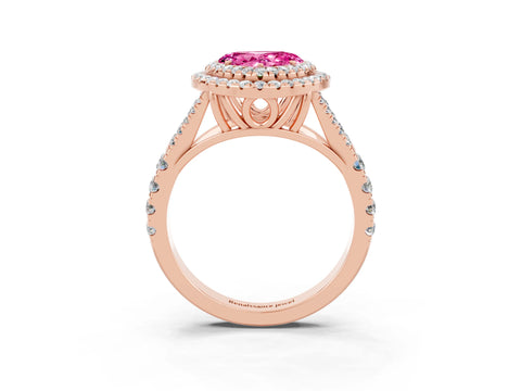Rose gold Heart Cut Pink Sapphire Double Halo Ring with Split Shank and Prong Setting_15
