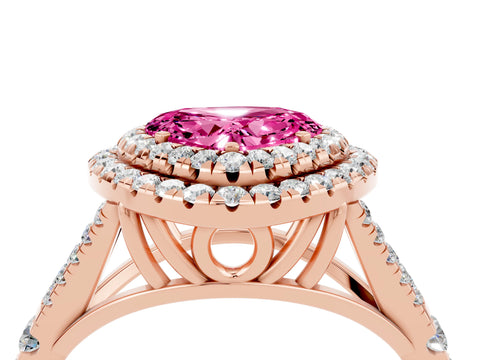 Rose gold Heart Cut Pink Sapphire Double Halo Ring with Split Shank and Prong Setting_16