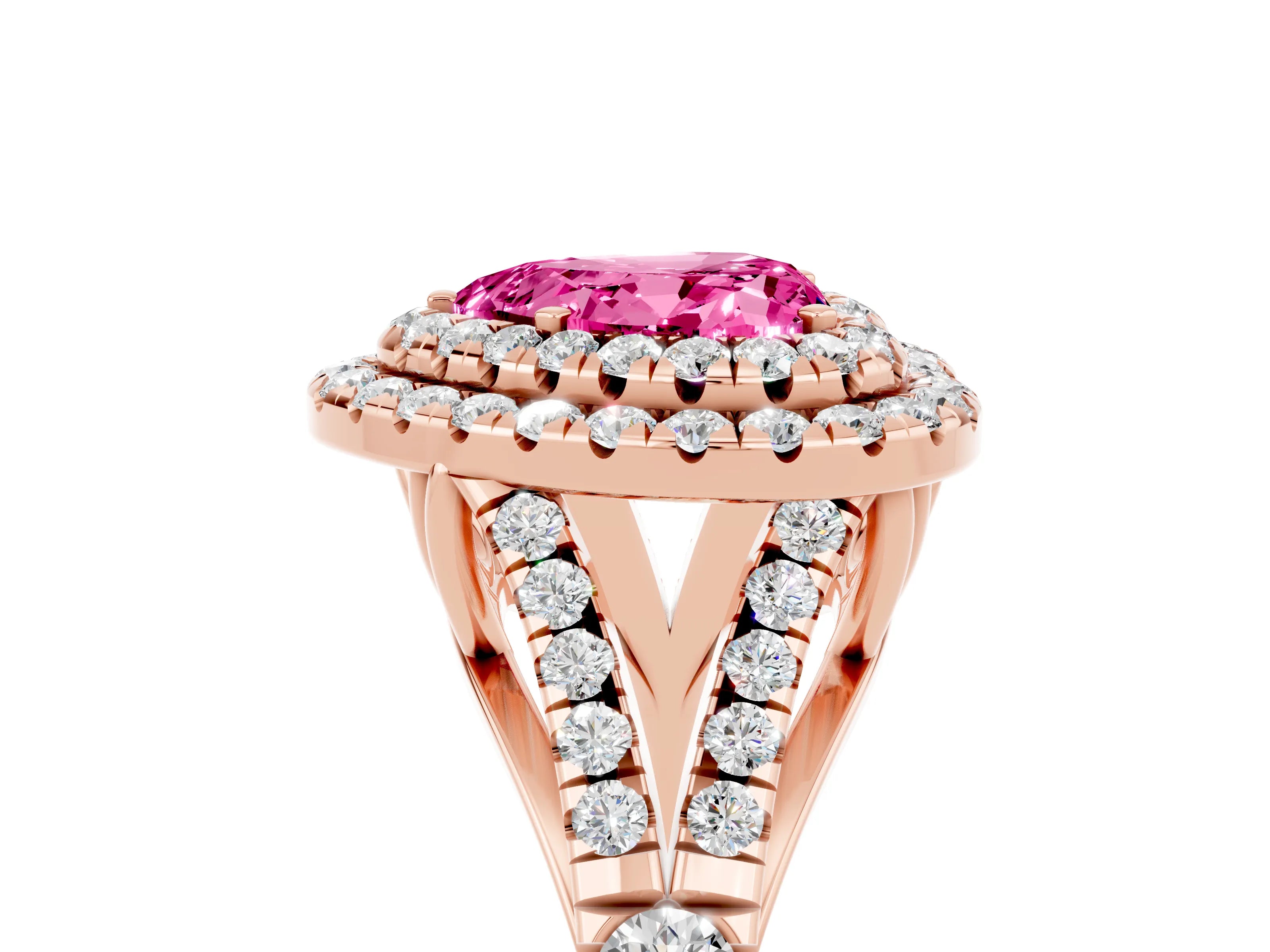 Rose gold Heart Cut Pink Sapphire Double Halo Ring with Split Shank and Prong Setting_17
