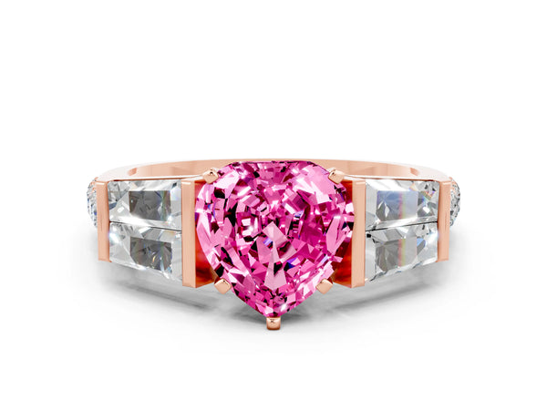 Rose gold Heart Cut Pink Sapphire Engagement Ring with Baguette Side Stones and Channel Set Band