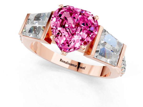 Rose gold Heart Cut Pink Sapphire Engagement Ring with Baguette Side Stones and Channel Set Band