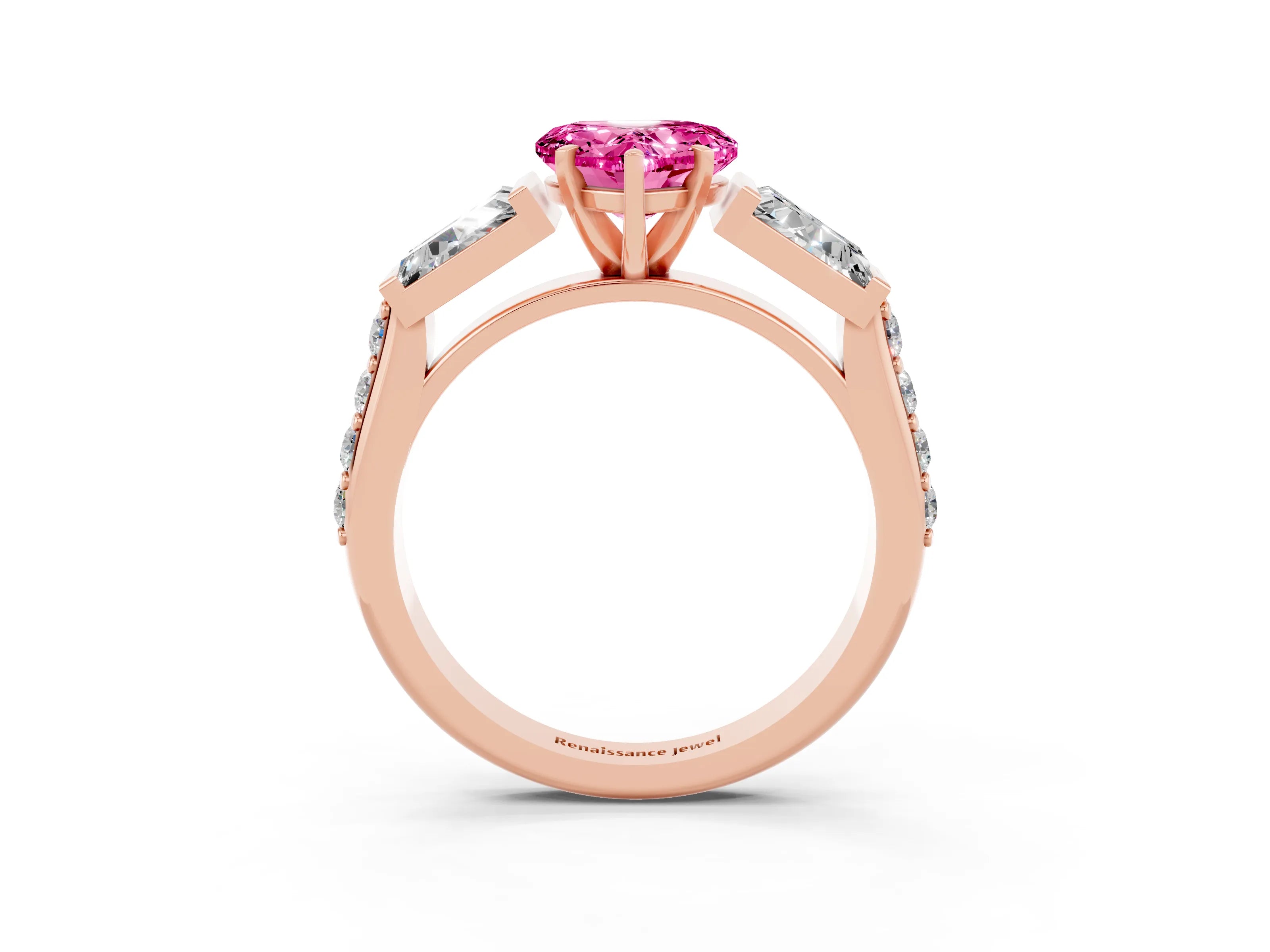 Rose gold Heart Cut Pink Sapphire Engagement Ring with Baguette Side Stones and Channel Set Band_3
