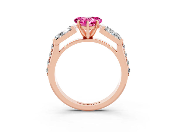 Rose gold Heart Cut Pink Sapphire Engagement Ring with Baguette Side Stones and Channel Set Band