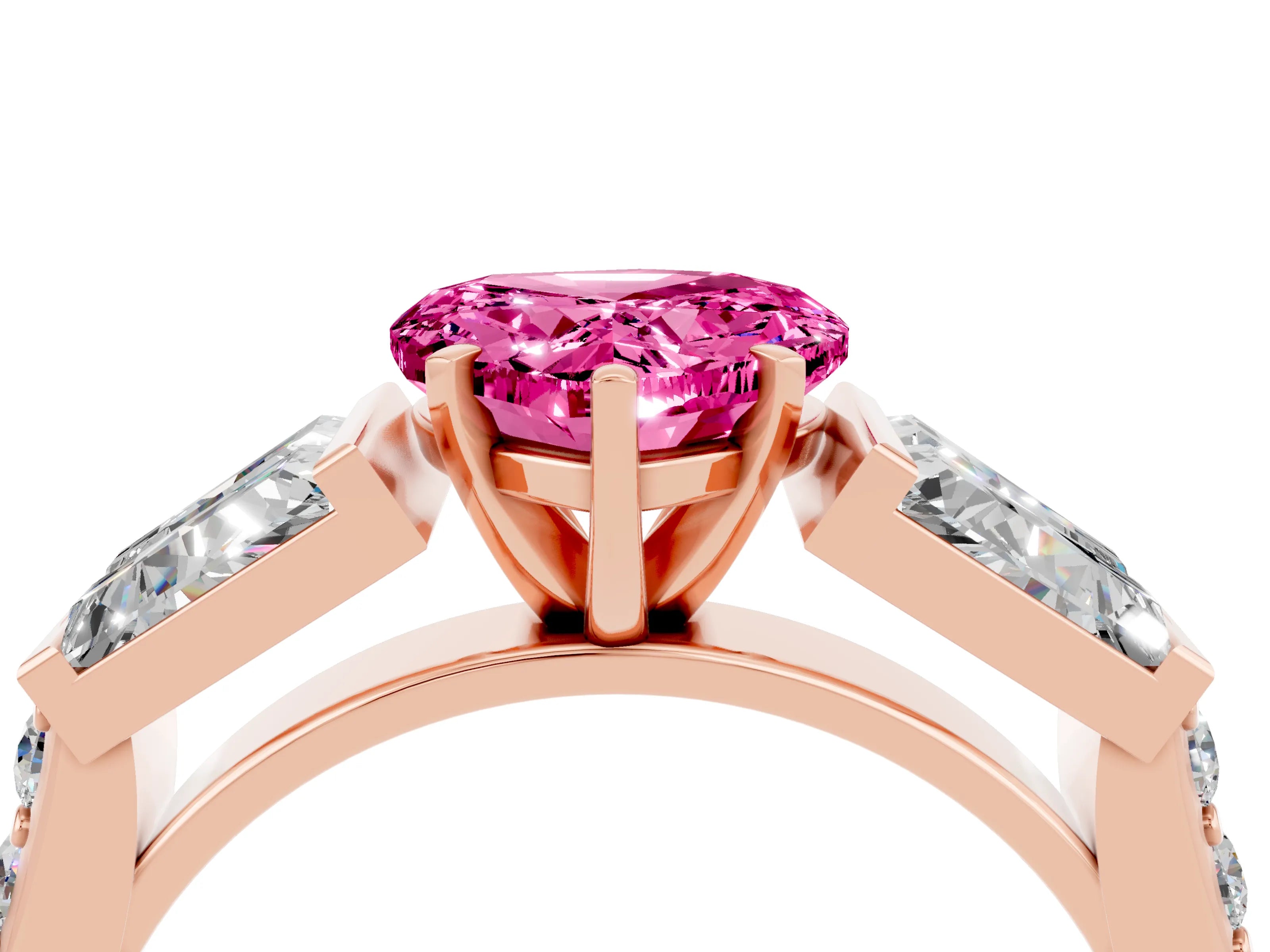 Rose gold Heart Cut Pink Sapphire Engagement Ring with Baguette Side Stones and Channel Set Band_4