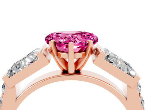 Rose gold Heart Cut Pink Sapphire Engagement Ring with Baguette Side Stones and Channel Set Band_4