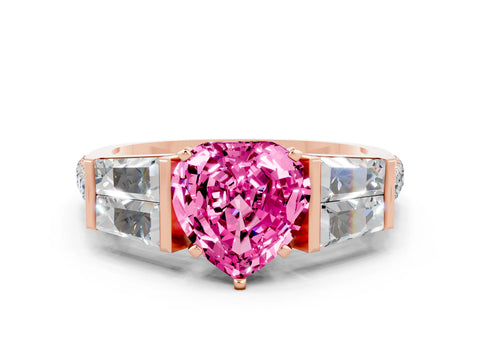 Rose gold Heart Cut Pink Sapphire Engagement Ring with Baguette Side Stones and Channel Set Band