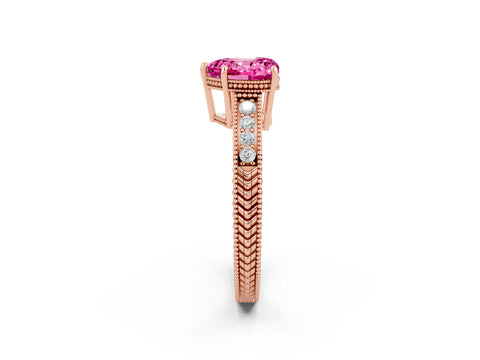 Rose gold Heart Cut Pink Sapphire Engagement Ring with Milgrain Channel Set Band and Prong Setting_26