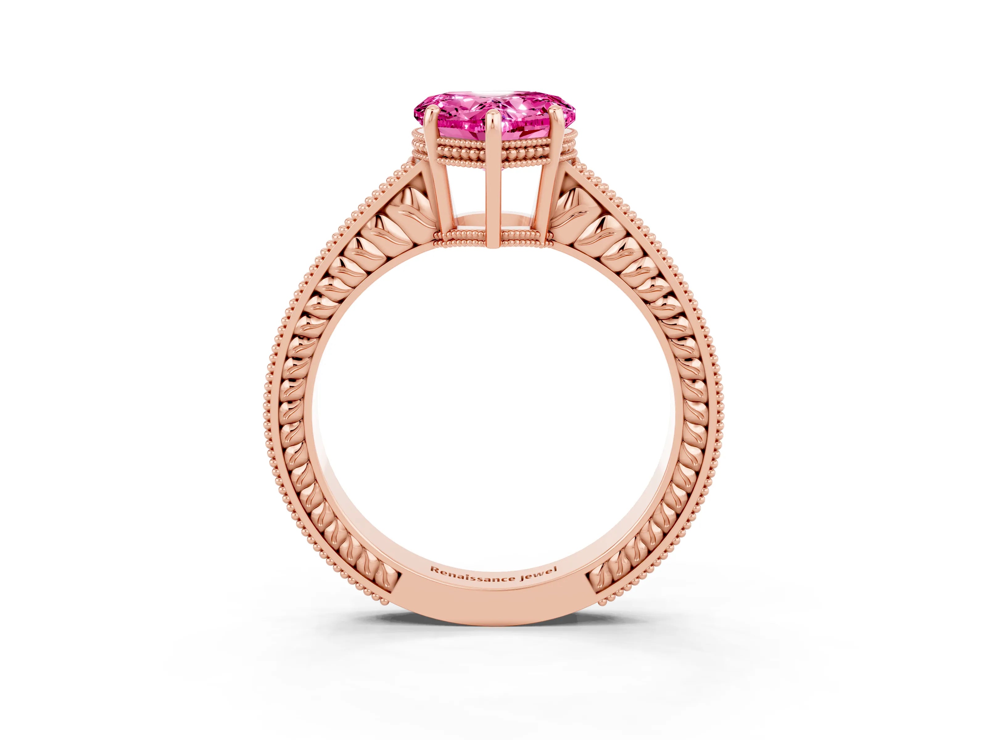 Rose gold Heart Cut Pink Sapphire Engagement Ring with Milgrain Channel Set Band and Prong Setting_27