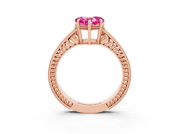 Rose gold Heart Cut Pink Sapphire Engagement Ring with Milgrain Channel Set Band and Prong Setting