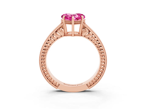 Rose gold Heart Cut Pink Sapphire Engagement Ring with Milgrain Channel Set Band and Prong Setting_27