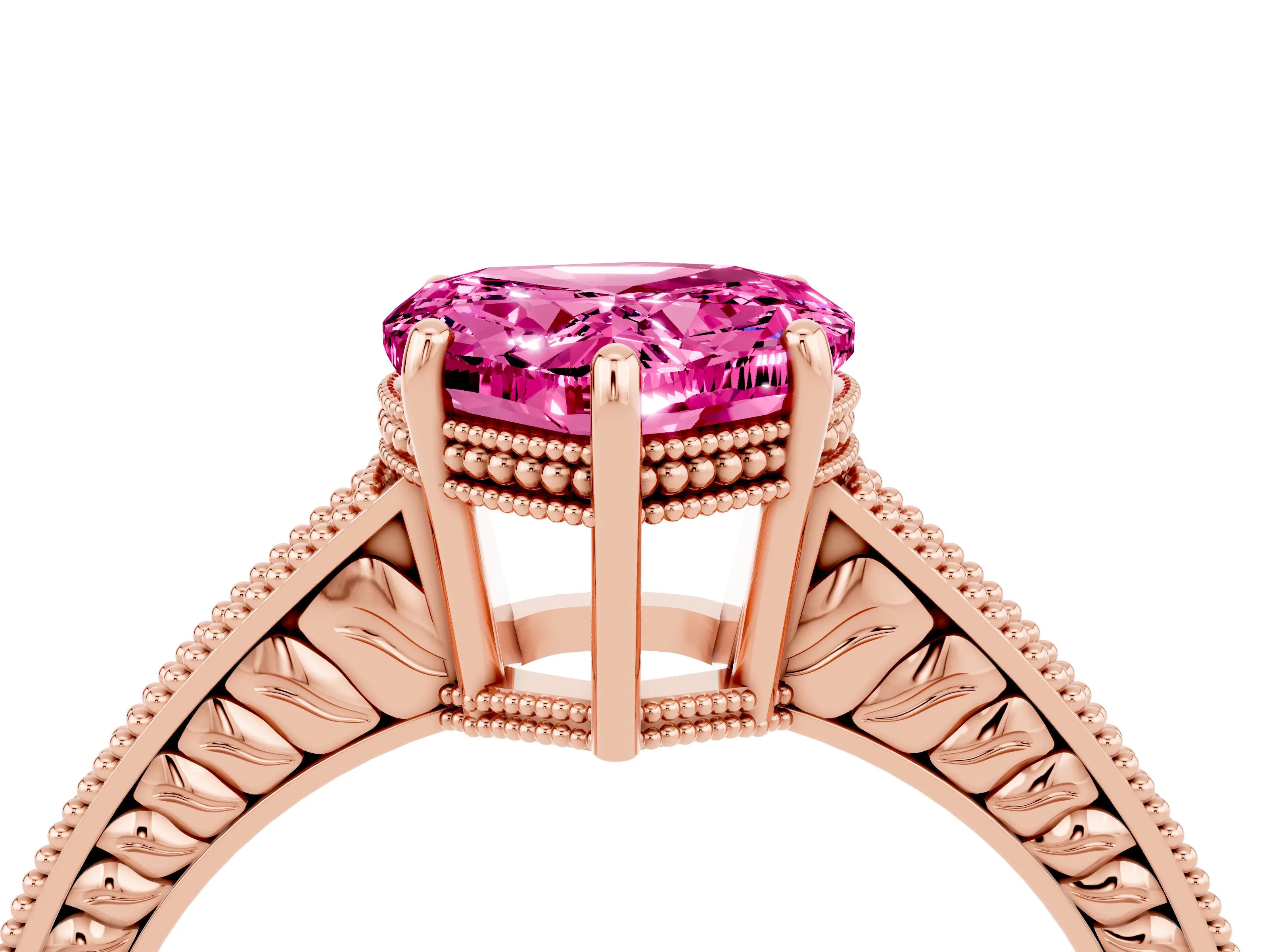 Rose gold Heart Cut Pink Sapphire Engagement Ring with Milgrain Channel Set Band and Prong Setting_28