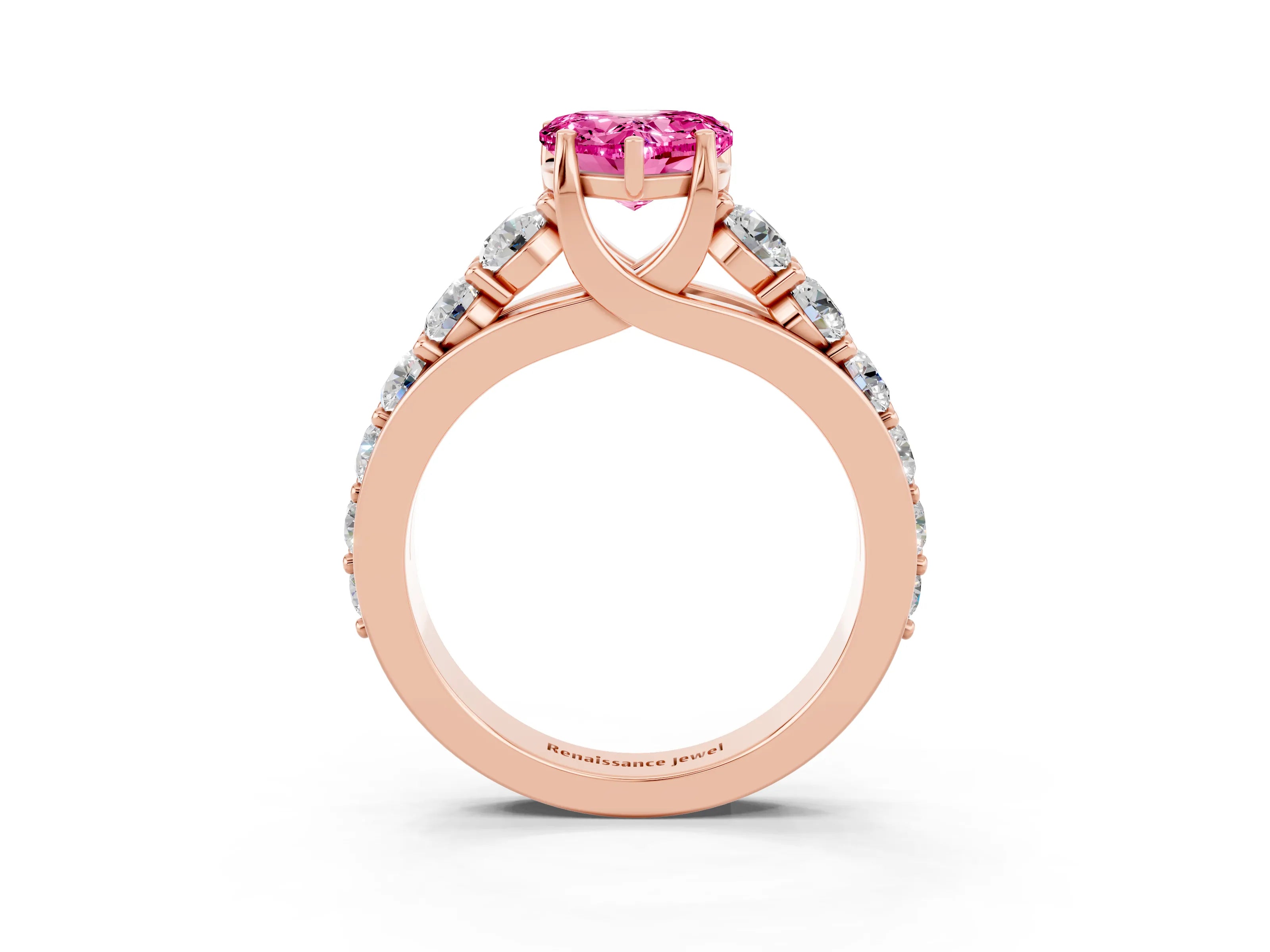 Rose gold Heart Cut Pink Sapphire Engagement Ring with Pavé Band and Four-Prong Setting_3